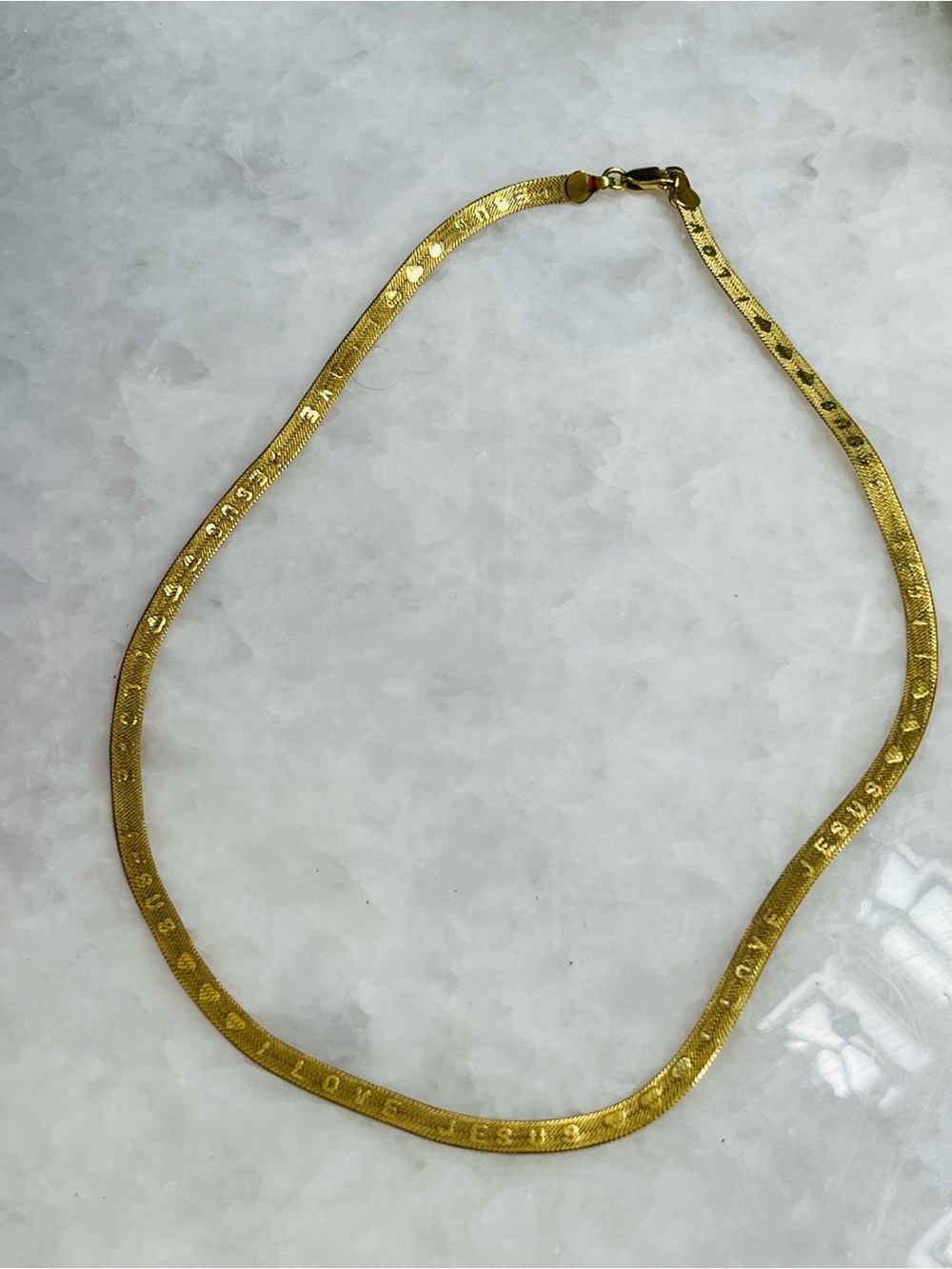 Elegant Gold-Tone Herringbone Necklace Engraved one side with “I Love Jesus”